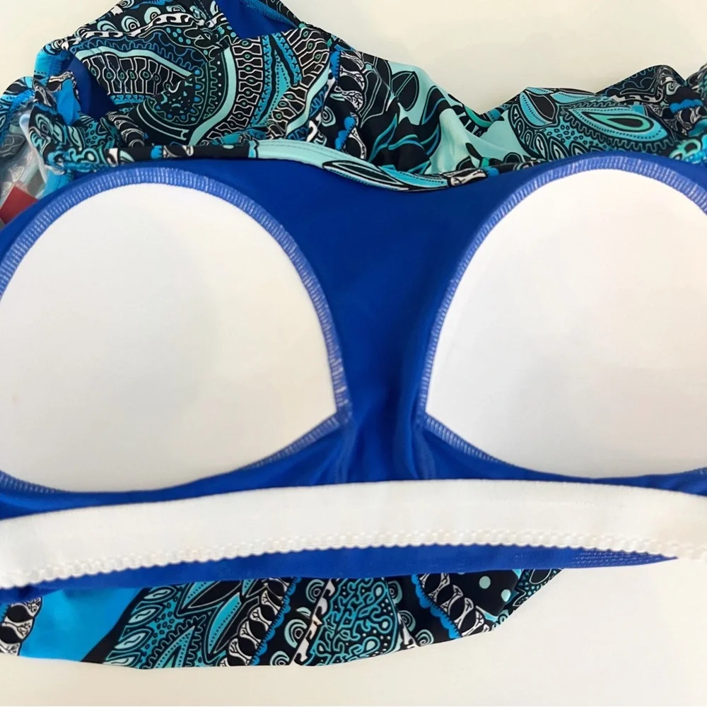 •JANTZEN• Off-the-Shoulder Ruffle One Piece Swimsuit in Aqua Reef‎ Print Size 10